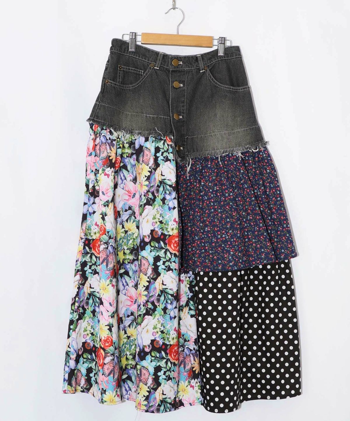 デニム×パッチワーク風 異素材切替2wayスカート-13