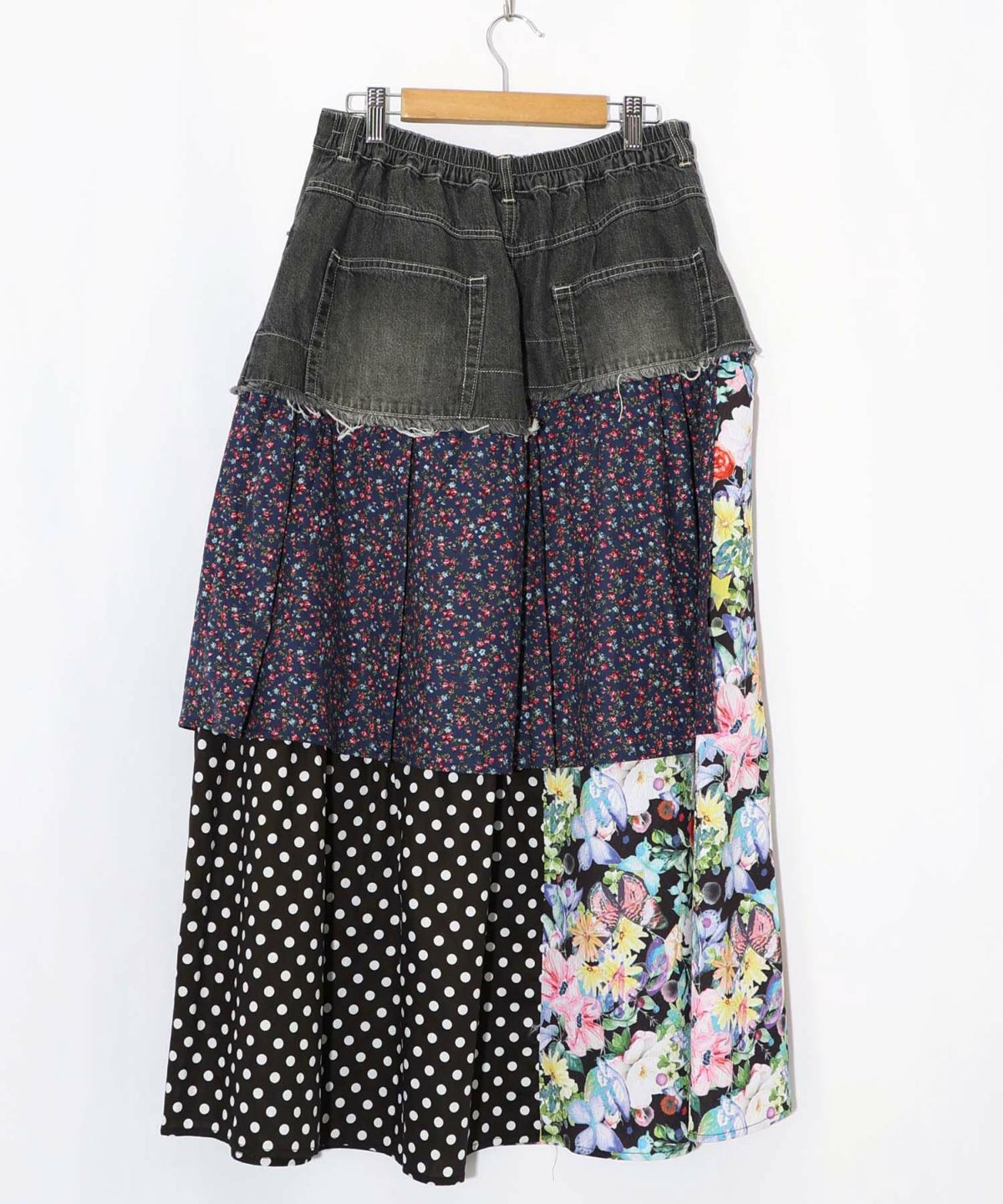 デニム×パッチワーク風 異素材切替2wayスカート-14