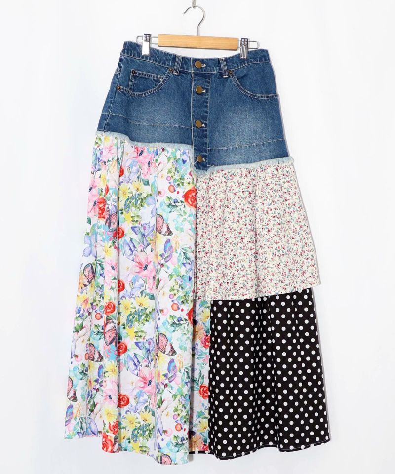 デニム×パッチワーク風 異素材切替2wayスカート-16