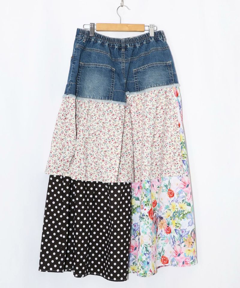 デニム×パッチワーク風 異素材切替2wayスカート-17