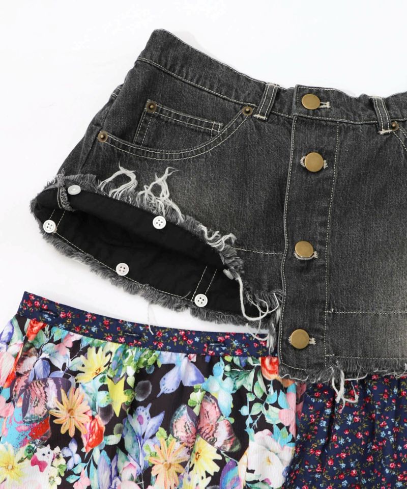 デニム×パッチワーク風 異素材切替2wayスカート-23