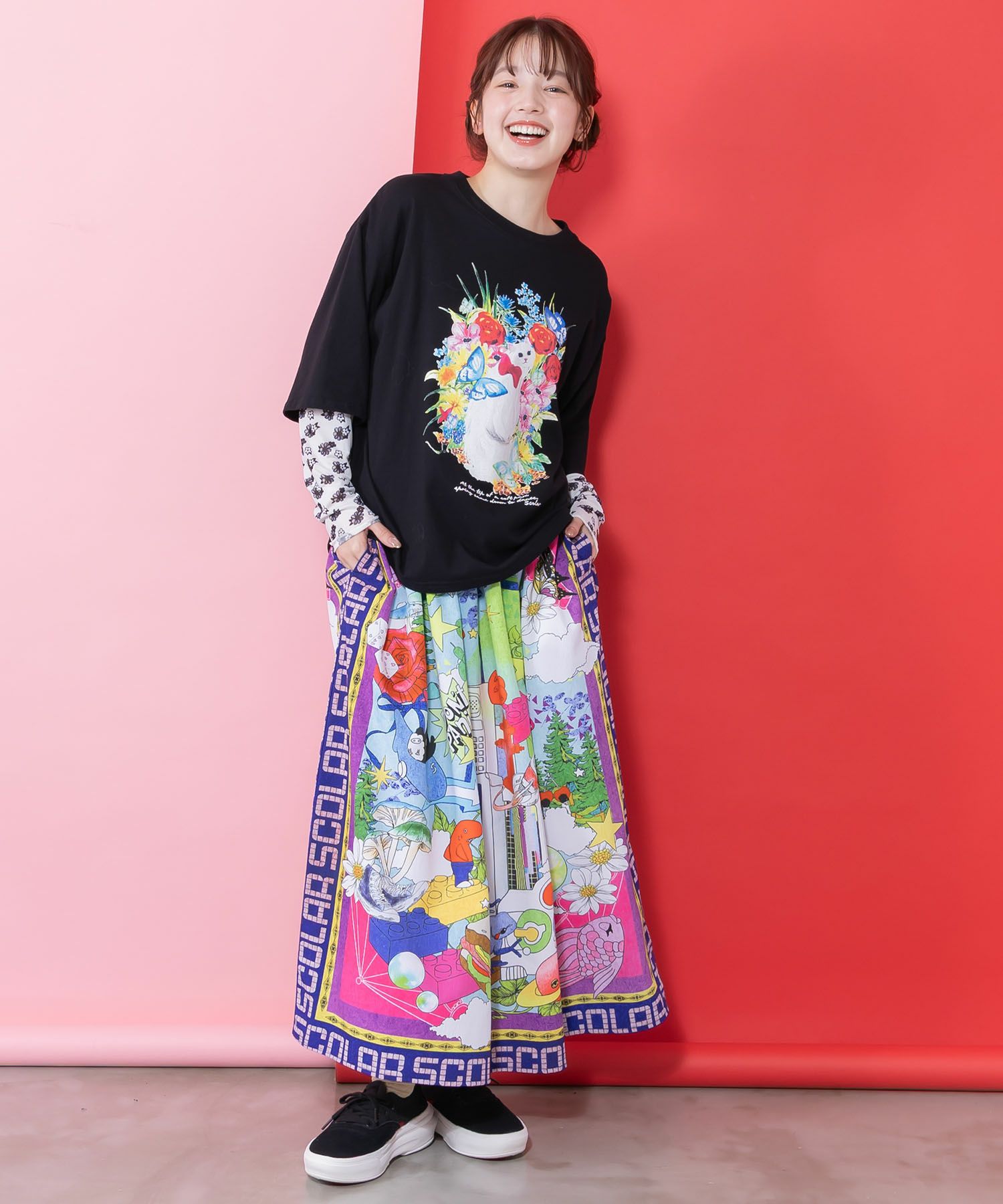 161627：レトロスカーフ柄ワッシャー加工スカートの通販-ScoLar