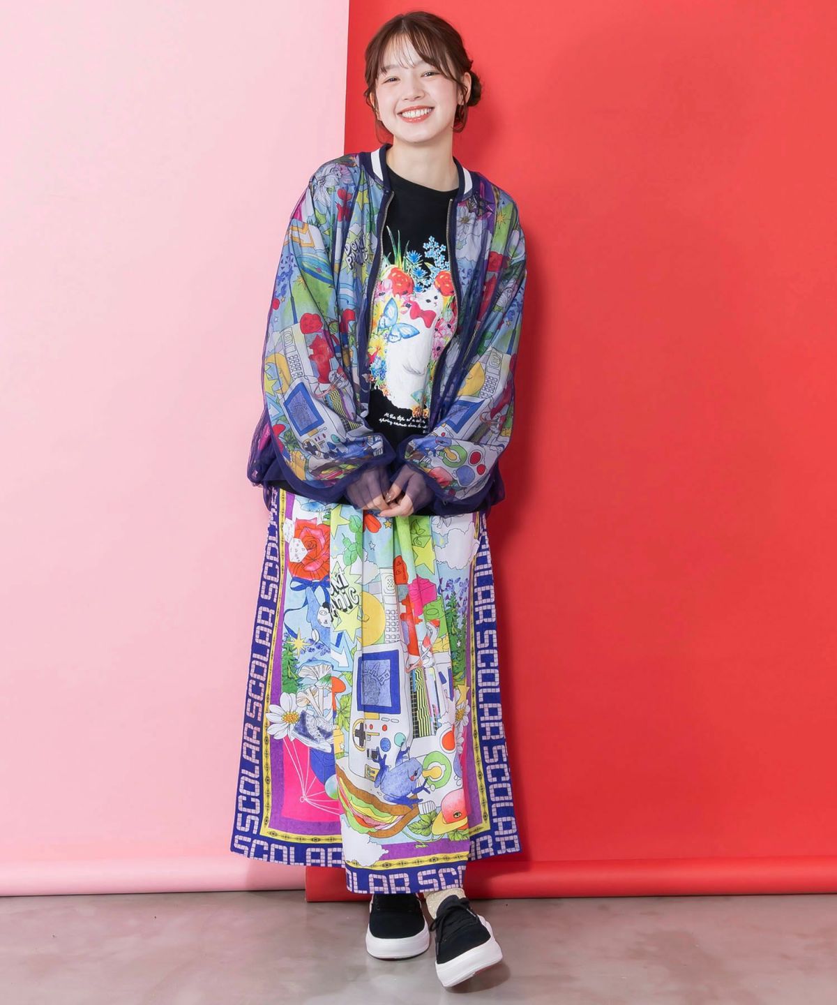 レトロスカーフ柄チュール重ねブルゾン-2