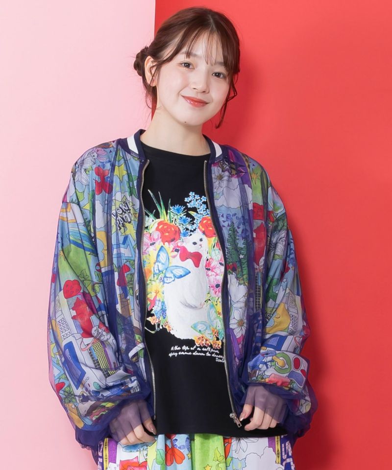 レトロスカーフ柄チュール重ねブルゾン-3