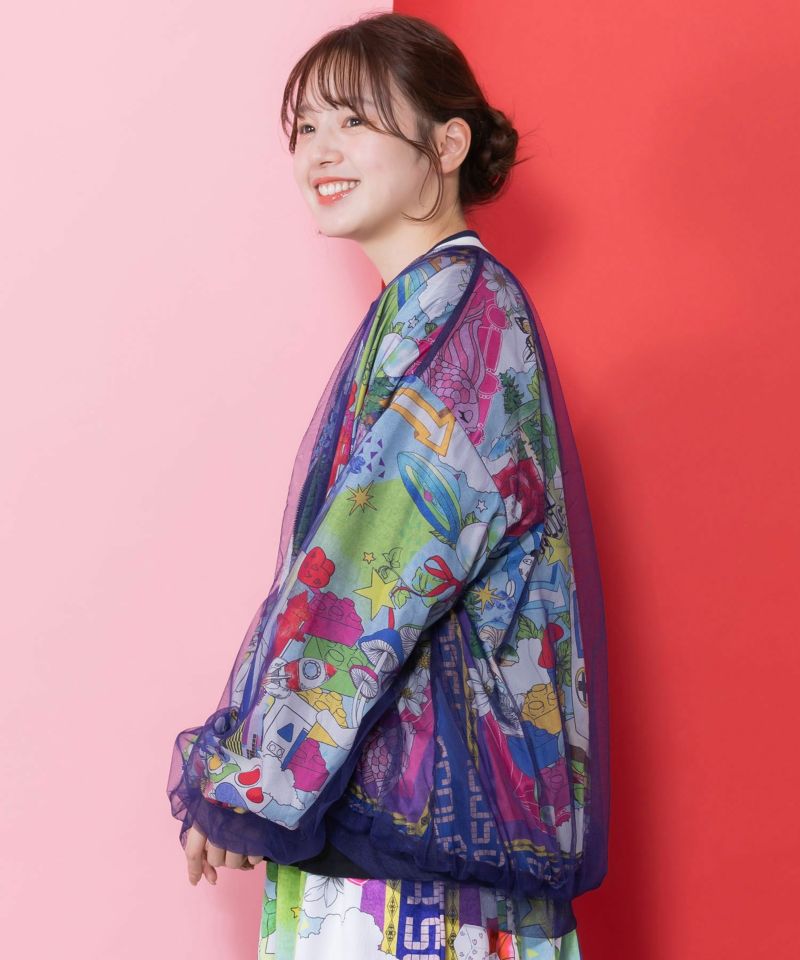 レトロスカーフ柄チュール重ねブルゾン-4