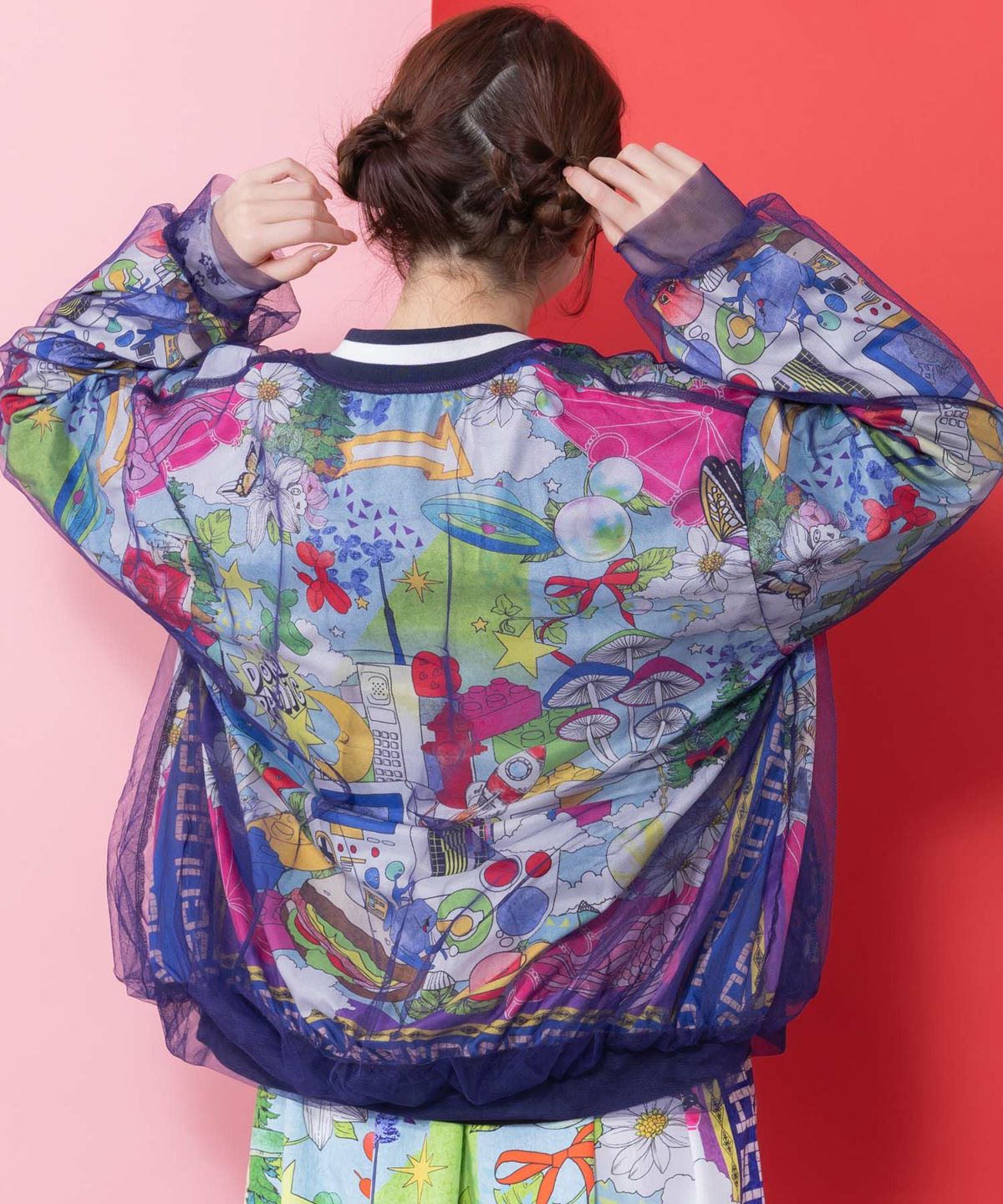 レトロスカーフ柄チュール重ねブルゾン-5