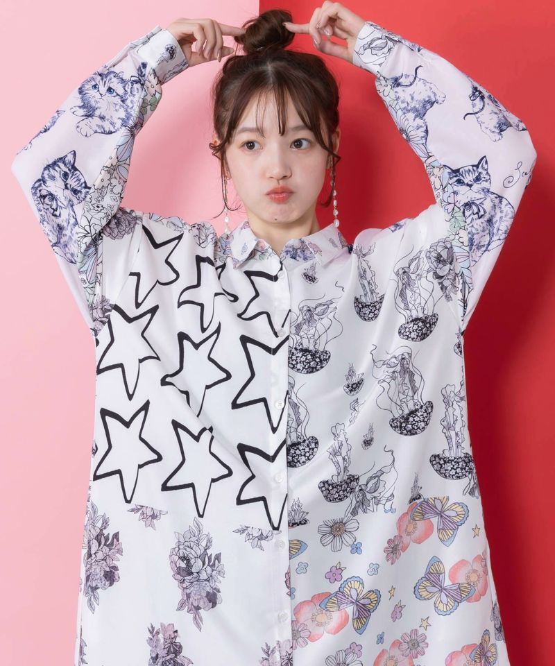 パッチワーク風総柄シャツワンピース-2