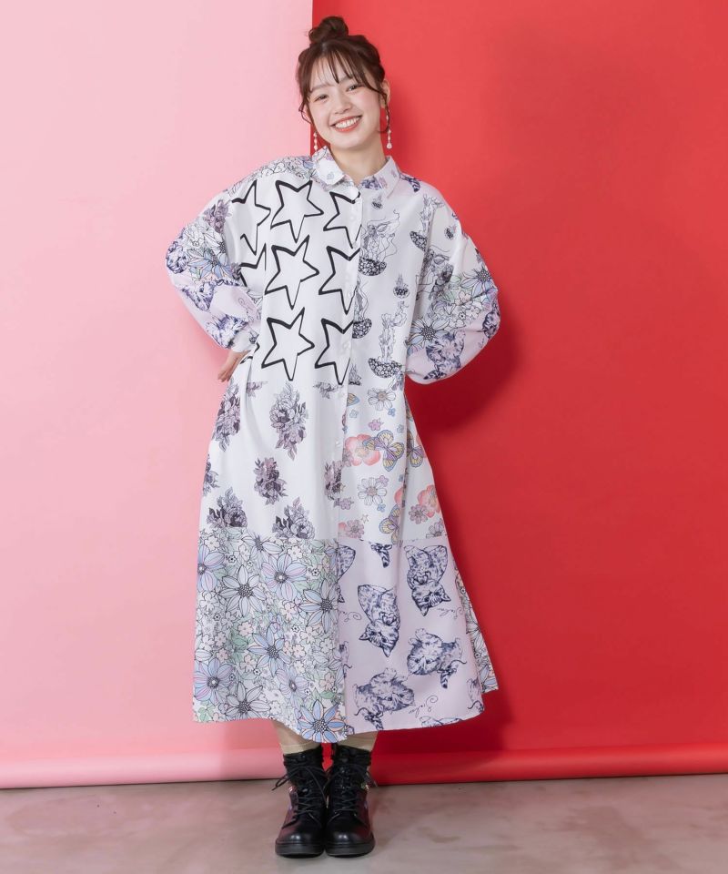 パッチワーク風総柄シャツワンピース-3