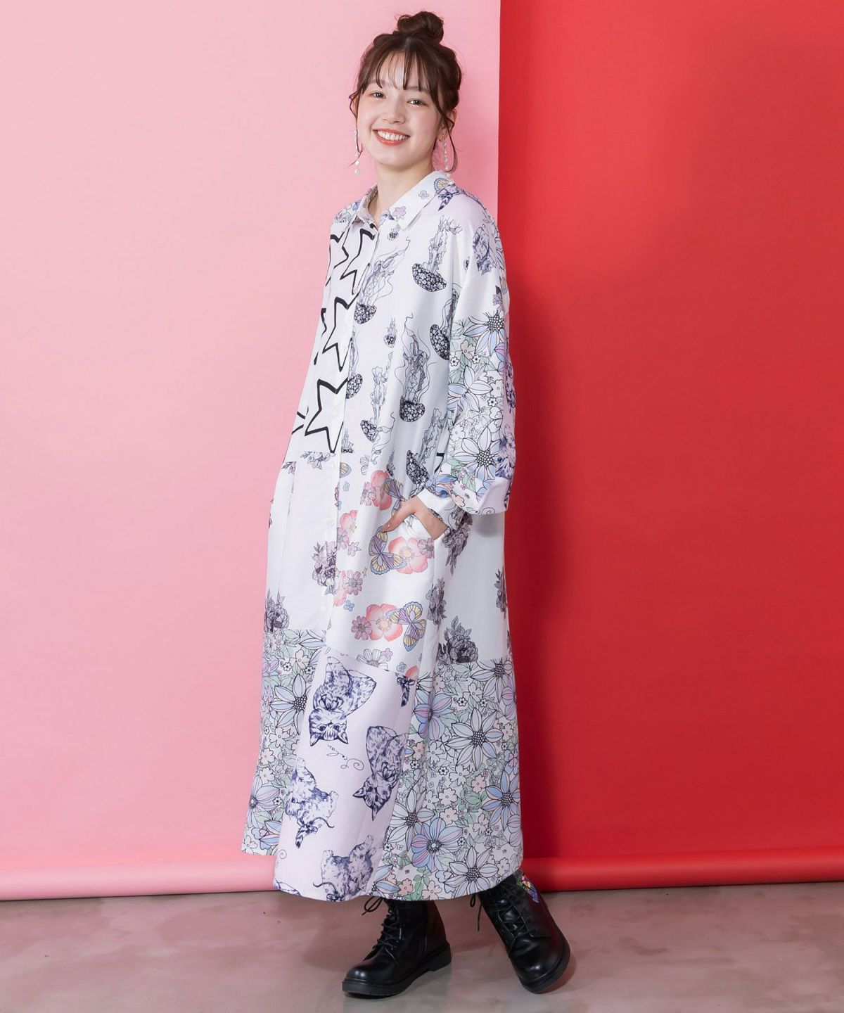 パッチワーク風総柄シャツワンピース-4