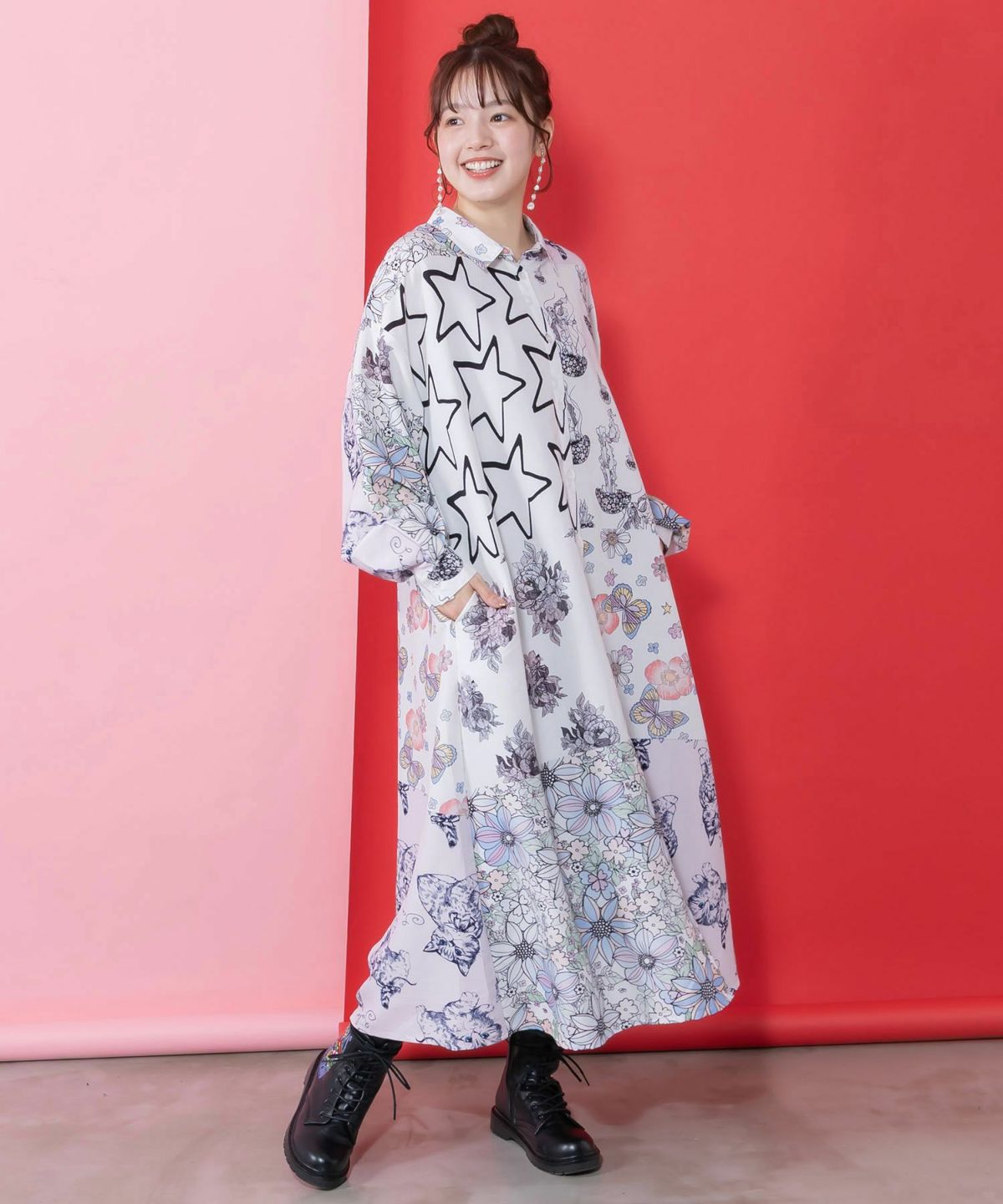 パッチワーク風総柄シャツワンピース-6