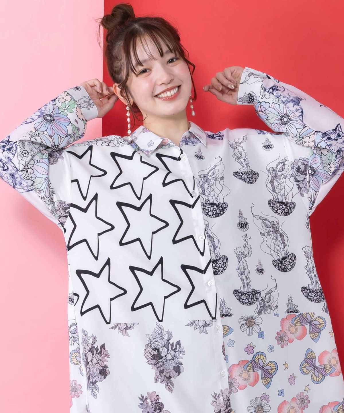 パッチワーク風総柄シャツワンピース-7