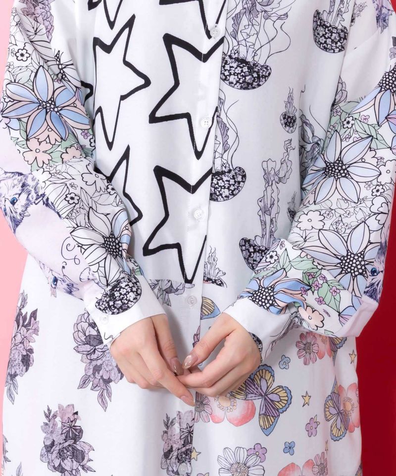 パッチワーク風総柄シャツワンピース-8