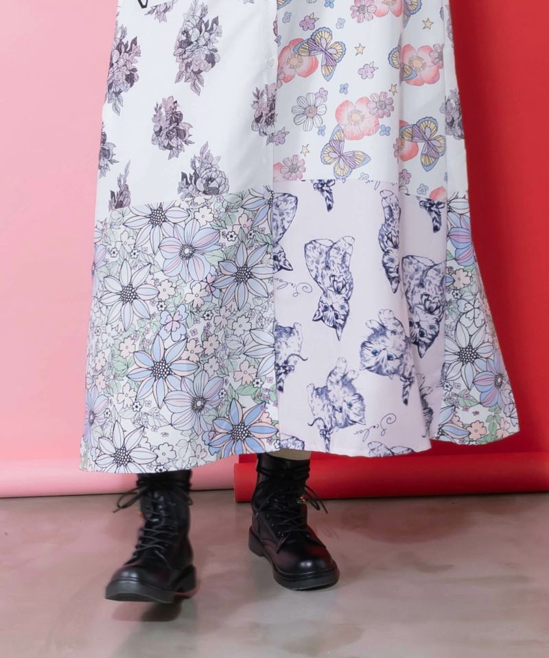 パッチワーク風総柄シャツワンピース-9