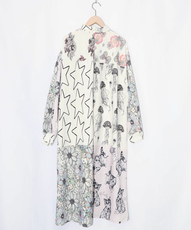 パッチワーク風総柄シャツワンピース-11