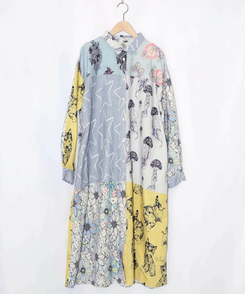 パッチワーク風総柄シャツワンピース-13