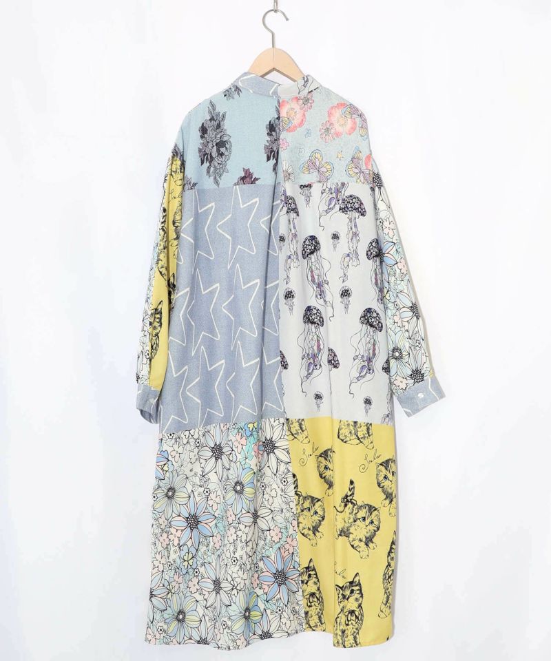 パッチワーク風総柄シャツワンピース-14