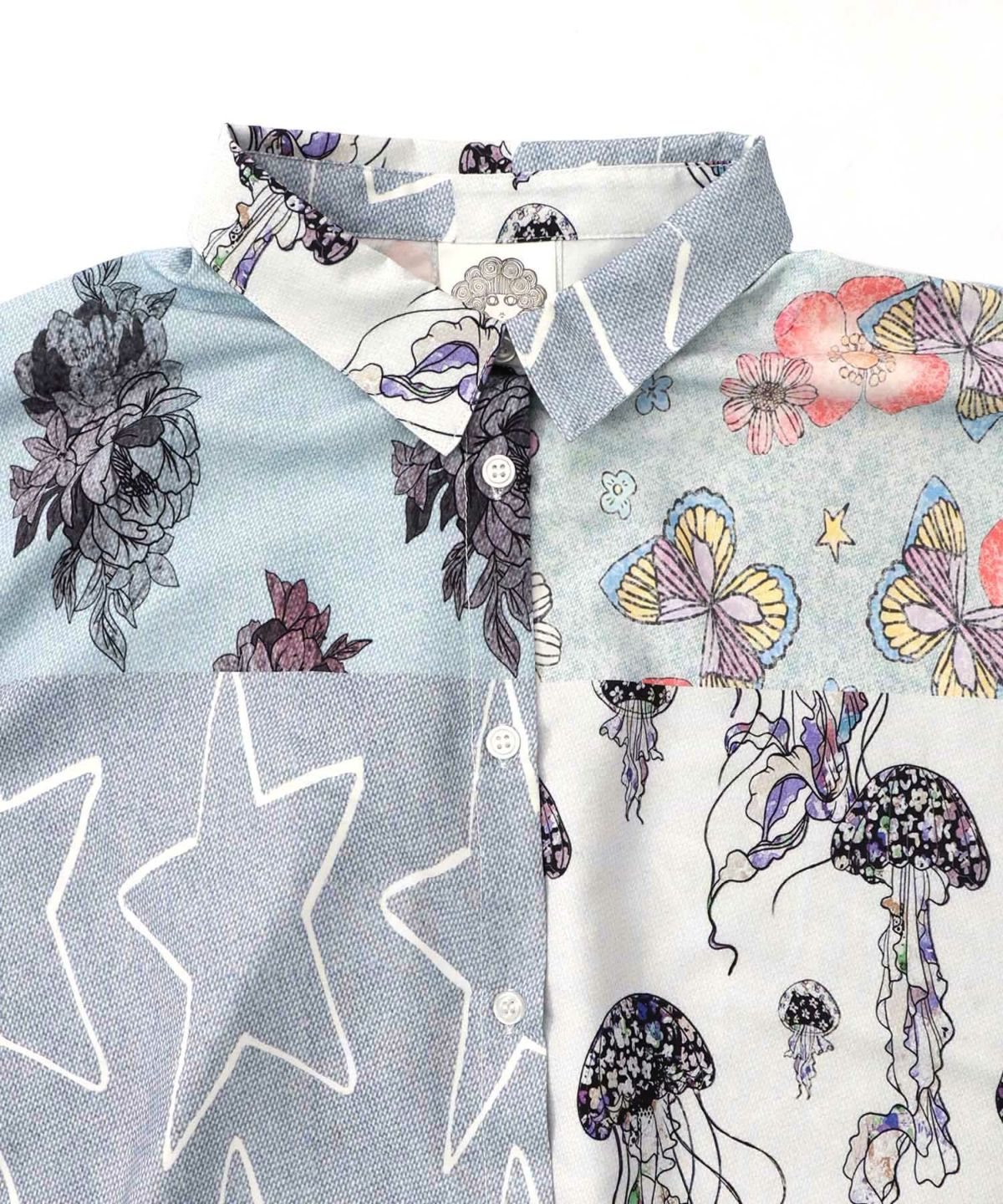 パッチワーク風総柄シャツワンピース-16